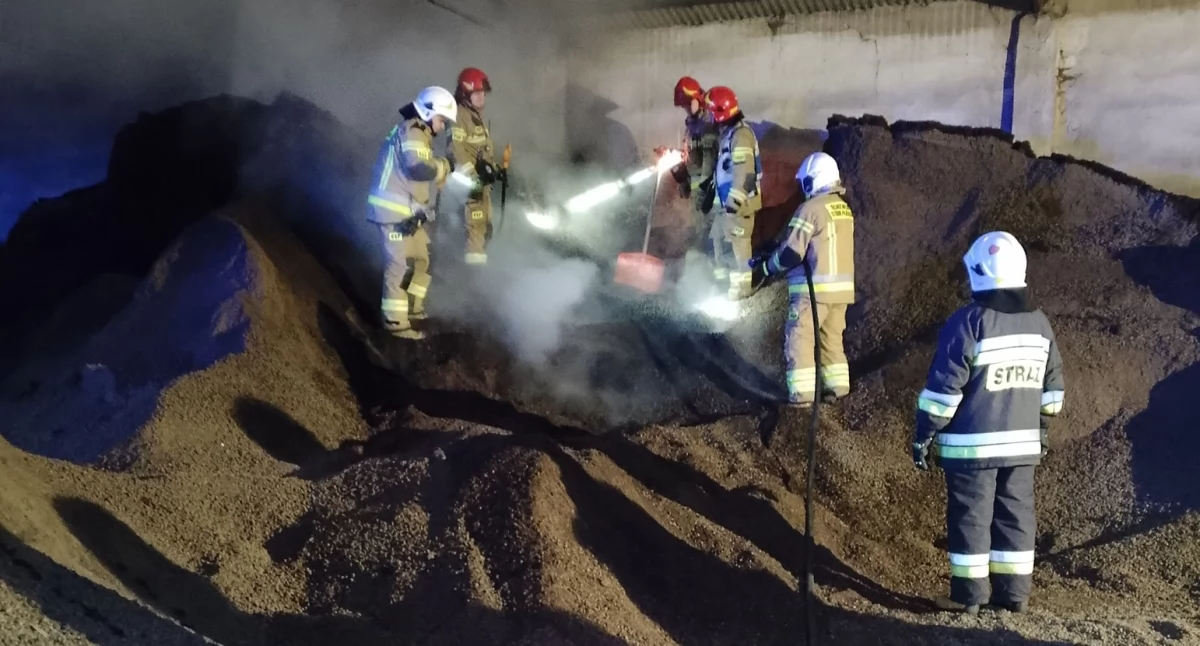 Na zdjęciu strażacy gaszą płonącą hałdę pelletu w Cielcach/fot.: OSP KSRG Warta