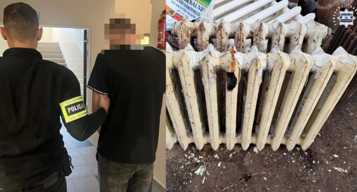 Na zdjęciu jeden z zatrzymanych mężczyzn, a także towar, który próbowali ukraść / Fot. KPP Kluczbork