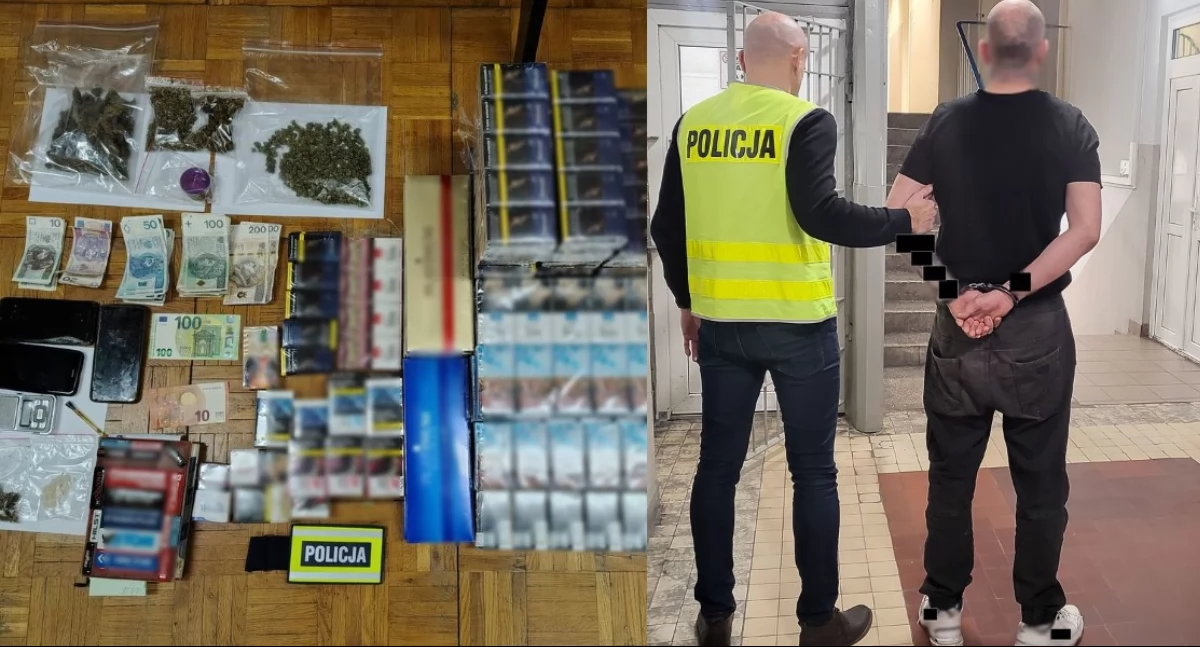 Na zdjęciu jeden z zatrzymanych, a także znalezione przez policjantów przedmioty / Fot. KPP Wieluń