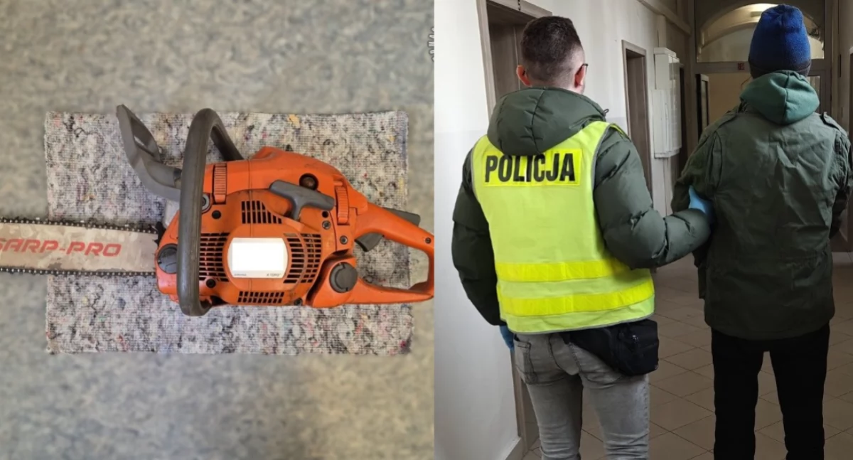 Na zdjęciu skradziona piła oraz 52-latek, który dopuścił się kradzieży / Fot. KPP Kluczbork