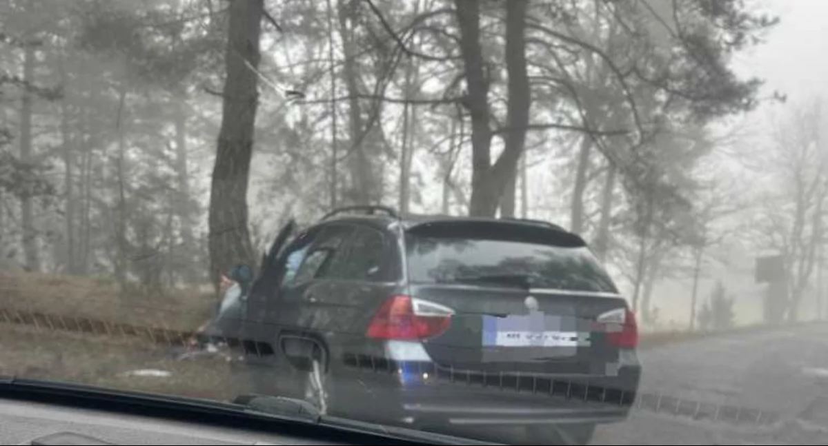 Na zdjęciu bmw, którego kierowca uciekł po uderzeniu w drzewo / Fot. KPP Wieruszów