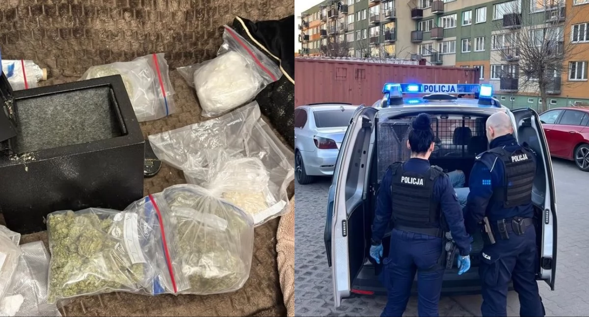 Na zdjęciu znalezione narkotyki oraz moment z zatrzymania 33-latka / Fot. KPP Sieradz 