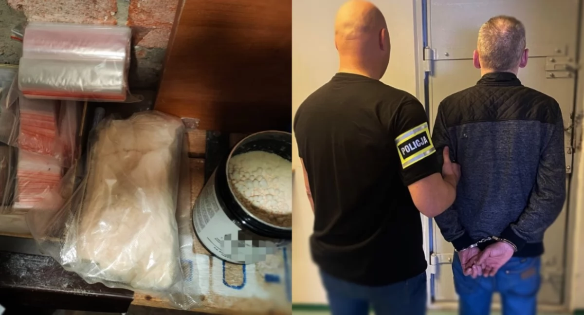 Na zdjęciu znaleziony narkotyki oraz moment zatrzymania 42-latka / Fot. KPP Radomsko 
