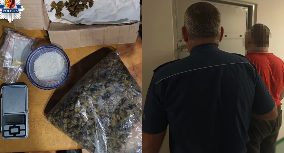 Na zdjęciu towar, znaleziony u 51-latka oraz moment jego zatrzymania / Fot. KPP Radomsko 