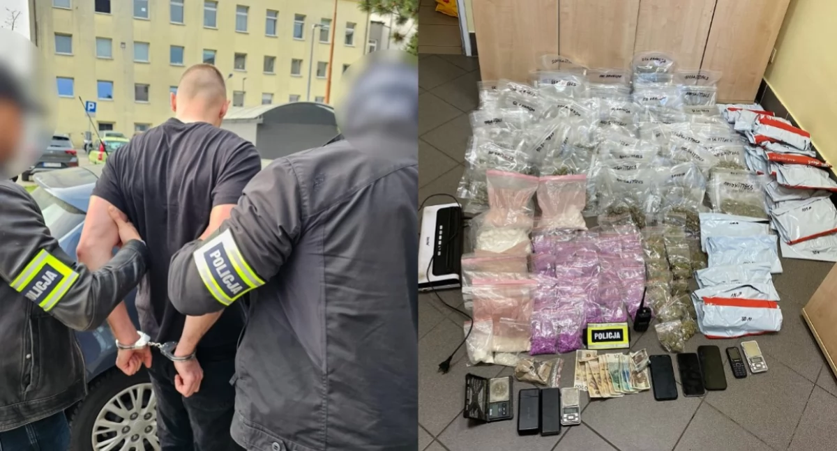 Na zdjęciu moment zatrzymania jednego z mężczyzn oraz znaczne ilości narkotyków, które zabezpieczyli policjanci / Fot. KMP Łódź