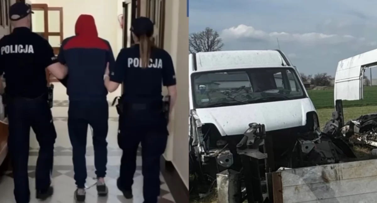 Na zdjęciu moment zatrzymania jednego z mężczyzn oraz fragmenty pojazdów, które udało się odnaleźć / Fot. KPP Kluczbork
