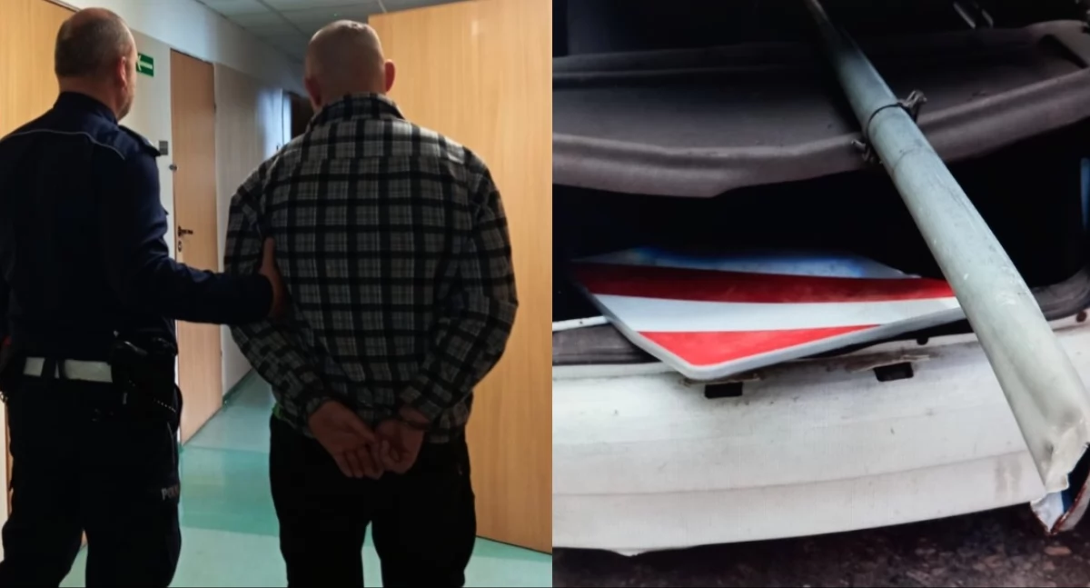 Na zdjęciu zatrzymany mężczyzna oraz przewożone przez niego znaki drogowe w bagażniku / Fot. KPP Radomsko