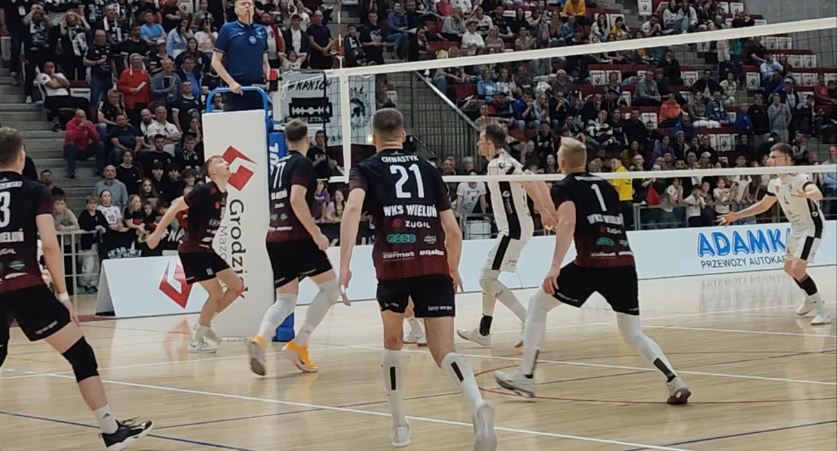 Na zdjęciu siatkarze WKS-u Wieluń podczas zwycięskiego meczu z drużyną UKS Sparta Grodzisk Mazowiecki/fot. Łukasz Płuciennik 