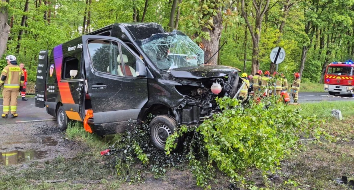 Na zdjęciu bus, który uderzył w drzewo. Podróżowało nim sześć osób / Fot. KP PSP Radomsko 
