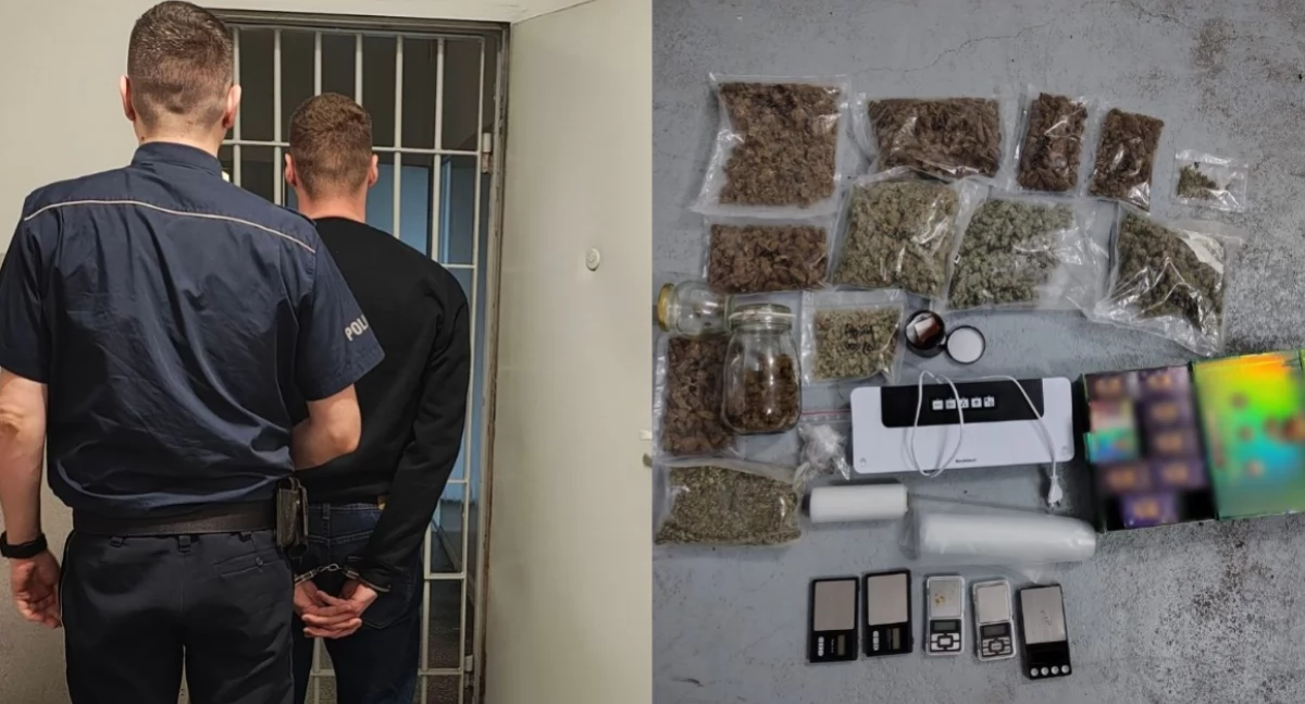 Na zdjęciu jeden z zatrzymanych 26-latków, a także zabezpieczone przez policję przedmioty / Fot. KPP Wieluń