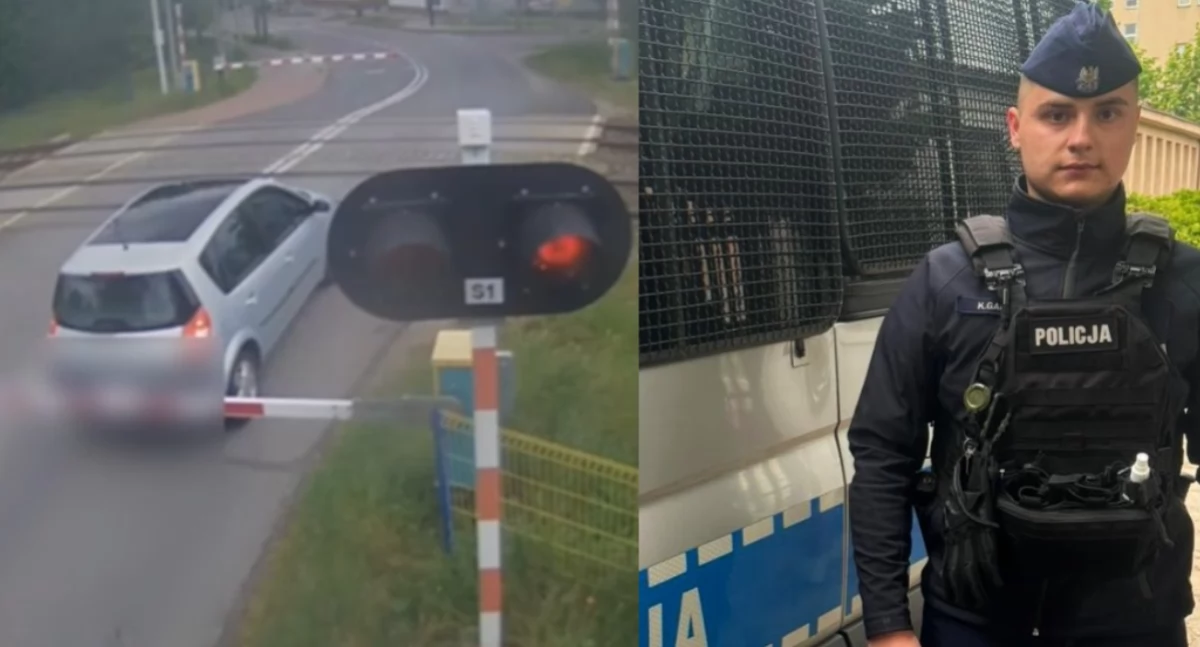 Na zdjęciu moment, gdy kobieta znalazła się za rogatkami. Po prawej policjant, który natychmiast zareagował i pomógł 64-latce / Fot. KPP Radomsko 