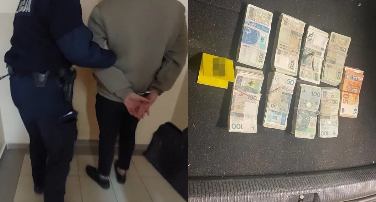 Na zdjęciu moment zatrzymania mężczyzny, a także pieniądze, znalezione w bagażniku jego auta / Fot. KPP Olesno 