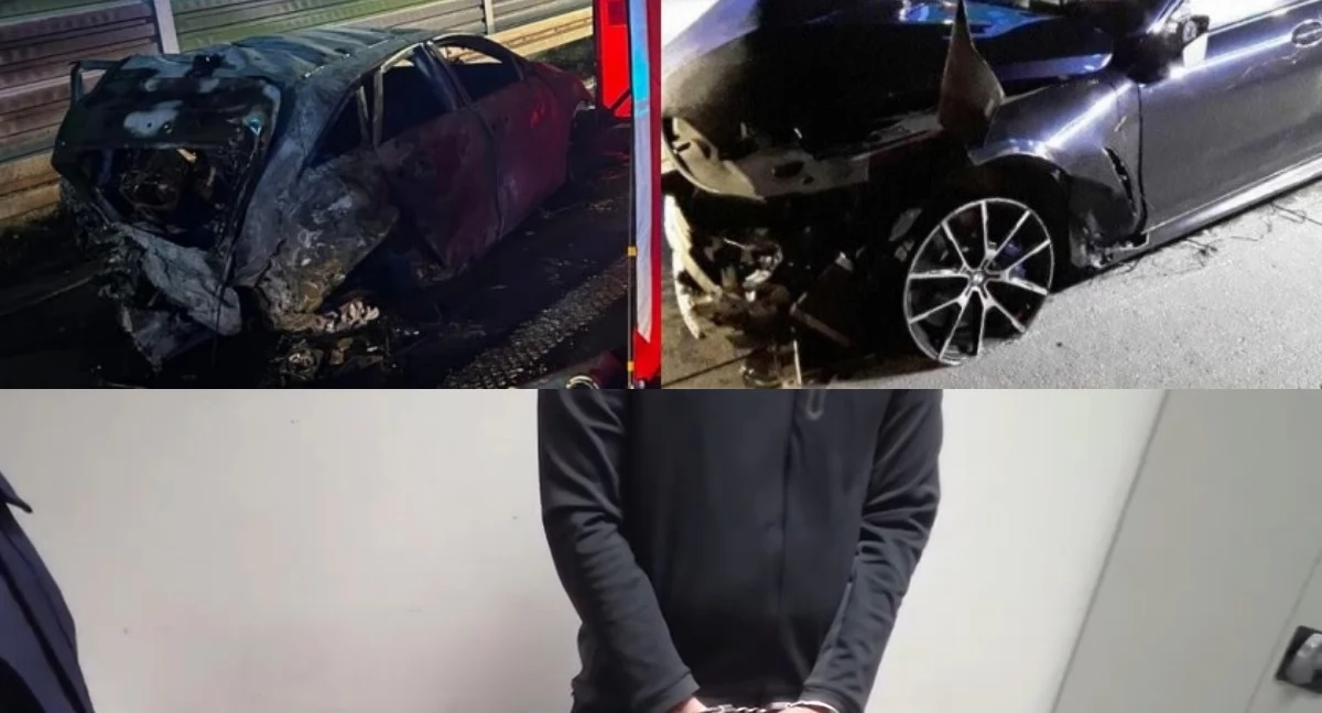 Na zdjęciu miejsce wypadku na trasie A1, a także zatrzymany Sebastian M. / Fot. Polska Policja / Facebook / PolskieDrogi - Zello CB radio w telefonie