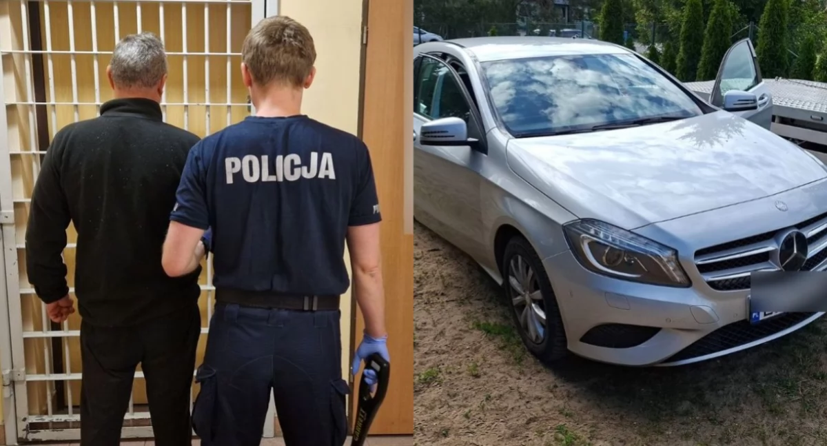 Na zdjęciu zatrzymany 48-latek oraz jeden ze skradzionych pojazdów / Fot. KPP Pabianice