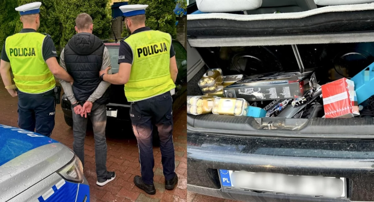 Na zdjęciu jeden z zatrzymanych mężczyzn, a także skradziony przez nich towar / Fot. KPP Radomsko 