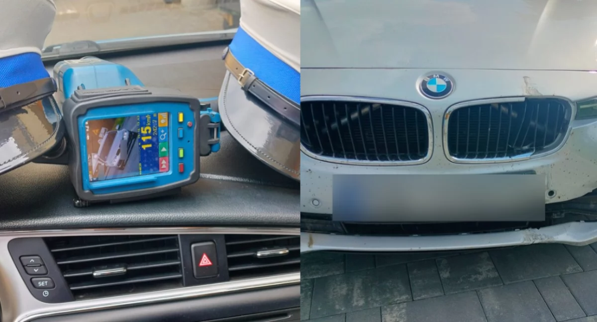 Na zdjęciu moment pomiaru prędkości, z jaką jechał kierowca oraz fragment samochodu bmw, którym uciekał / Fot. KPP Wieruszów
