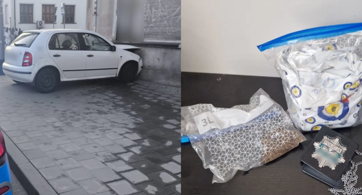 Na zdjęciu skoda, którą 33-latek wjechał w budynek, a także znalezione nielegalne substancje / Fot. KPP Pabianice