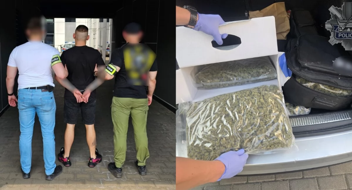 Na zdjęciu jeden z zatrzymanych mężczyzn, a także znalezione nielegalne środki / Fot. KWP Łódź 