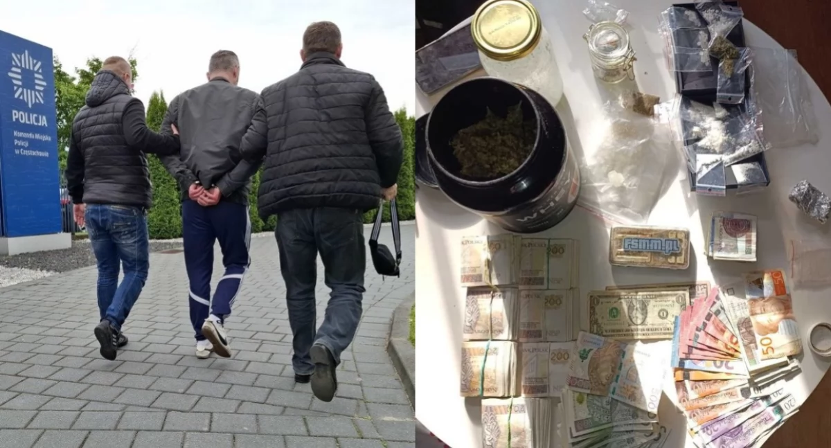 Na zdjęciu zatrzymany mężczyzna oraz znaleziony u niego towar / Fot. KMP Częstochowa
