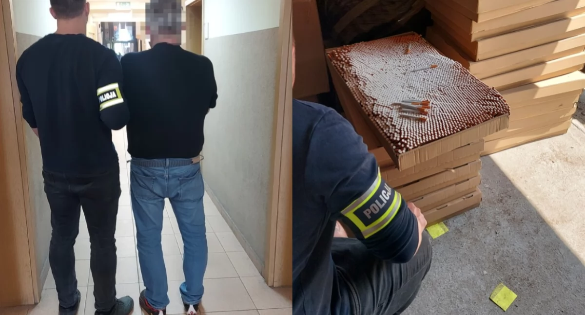 Na zdjęciu zatrzymany mężczyzna oraz znalezione w jego domu nielegalne papierosy / Fot. KPP Kutno