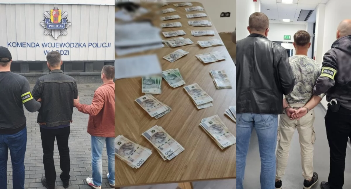 Na zdjęciu obydwaj zatrzymani mężczyźni oraz zabezpieczone pieniądze / Fot. KWP Łódź 