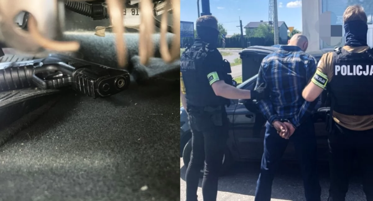 Na zdjęciu moment zatrzymania mężczyzny oraz znaleziona przy nim broń / Fot. KMP Skierniewice