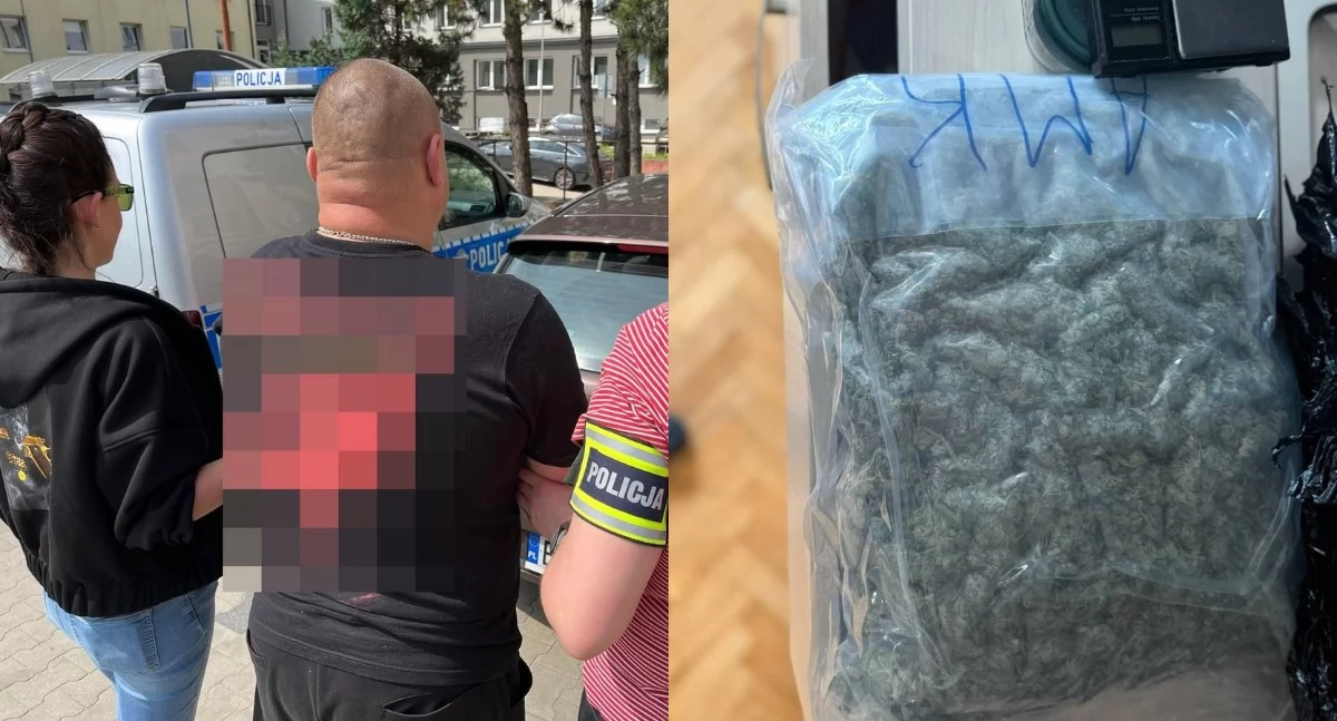 Na zdjęciu zatrzymany mężczyzna oraz znalezione w jego domu narkotyki / Fot. KWP Łódź