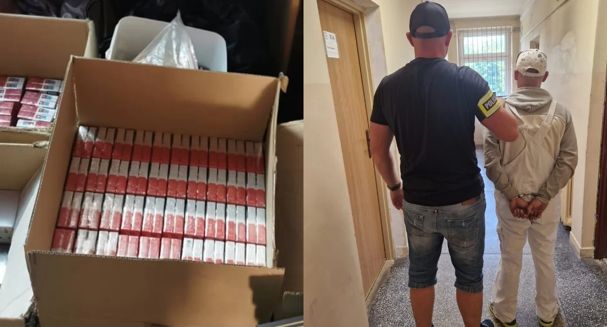 Na zdjęciu zatrzymany mężczyzna oraz znaleziony towar w jego domu / Fot. KPP Pabianice