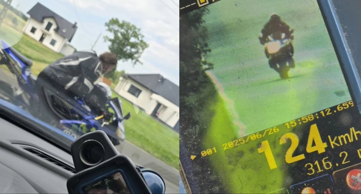 Na zdjęciu motocyklista, który jechał z nadmierną prędkością w obszarze zabudowanym / Fot. KPP Ostrzeszów
