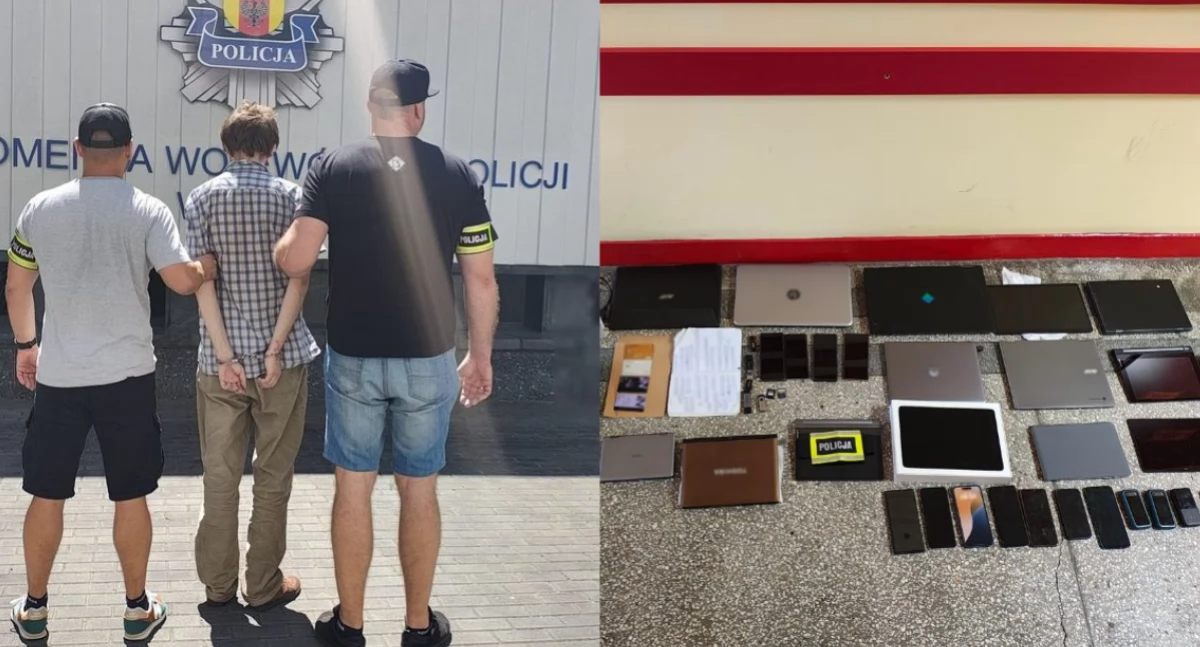 Na zdjęciu zatrzymany mężczyzna oraz urządzenia znalezione w jego domu / Fot. KWP Łódź