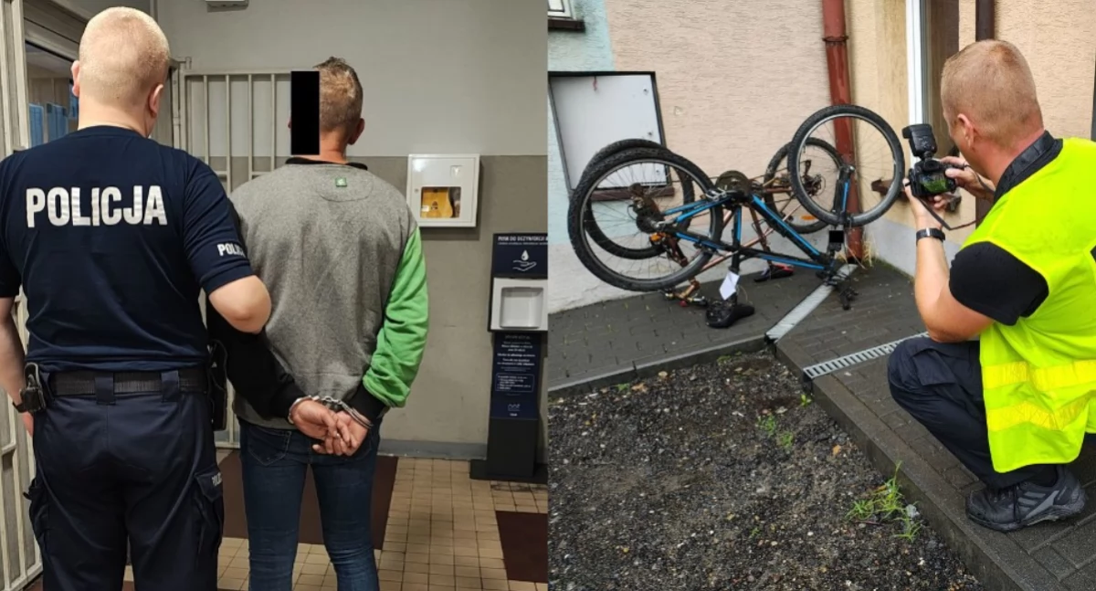 Na zdjęciu moment zatrzymania mężczyzny oraz znalezione w jego domu skradzione rowery / Fot. KPP Wieluń