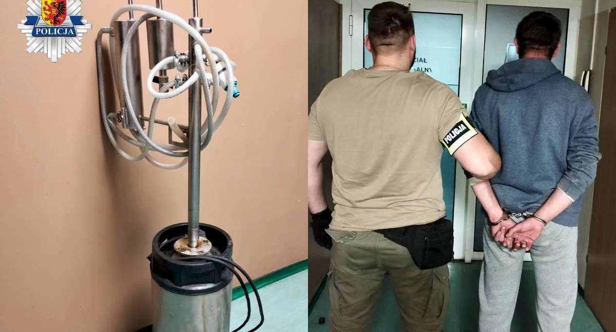 Na zdjęciu znaleziona aparatura oraz moment zatrzymania 43-latka / Fot. KPP Radomsko 