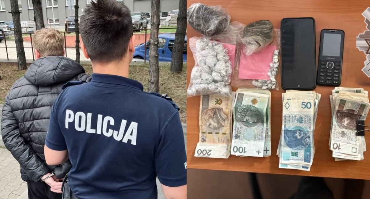 Na zdjęciu zatrzymany mężczyzna oraz znalezione w jego domu przedmioty / Fot. KMP Łódź