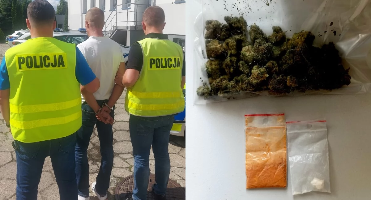 Na zdjęciu zatrzymany mężczyzna oraz znalezione w jego mieszkaniu narkotyki / Fot. KPP Bełchatów
