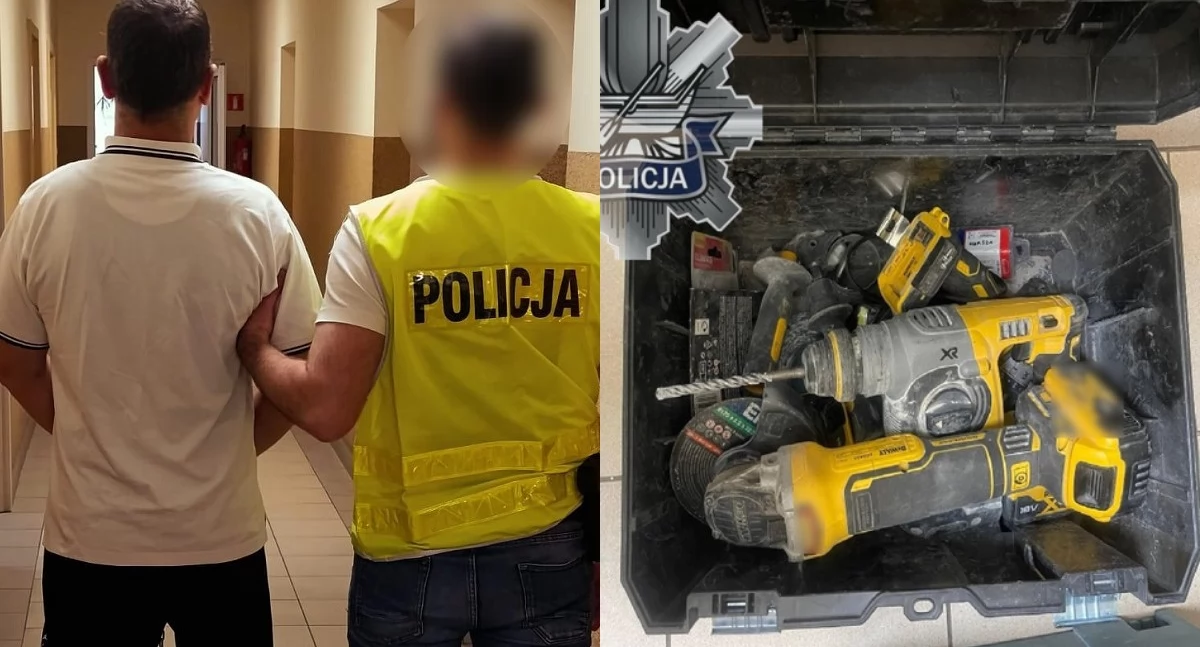 Na zdjęciu zatrzymany mężczyzna oraz część skradzionych przez niego przedmiotów / Fot. KMP Łódź