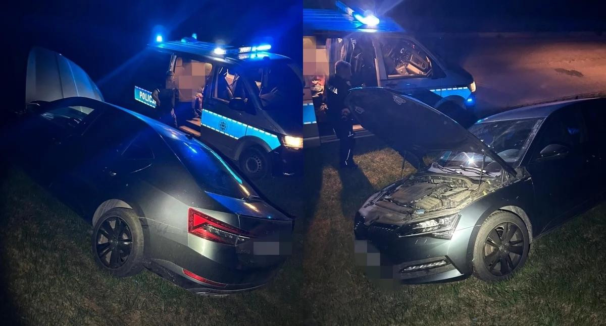 Na zdjęciu pojazd, który utknął na skarpie. Poruszała się nim pijana 39-latka / Fot. KPP Pajęczno 