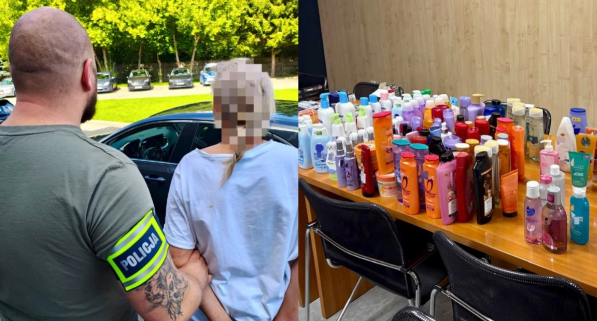 Na zdjęciu zatrzymana kobieta oraz znalezione u niej skradzione przedmioty / Fot. KPP Radomsko 