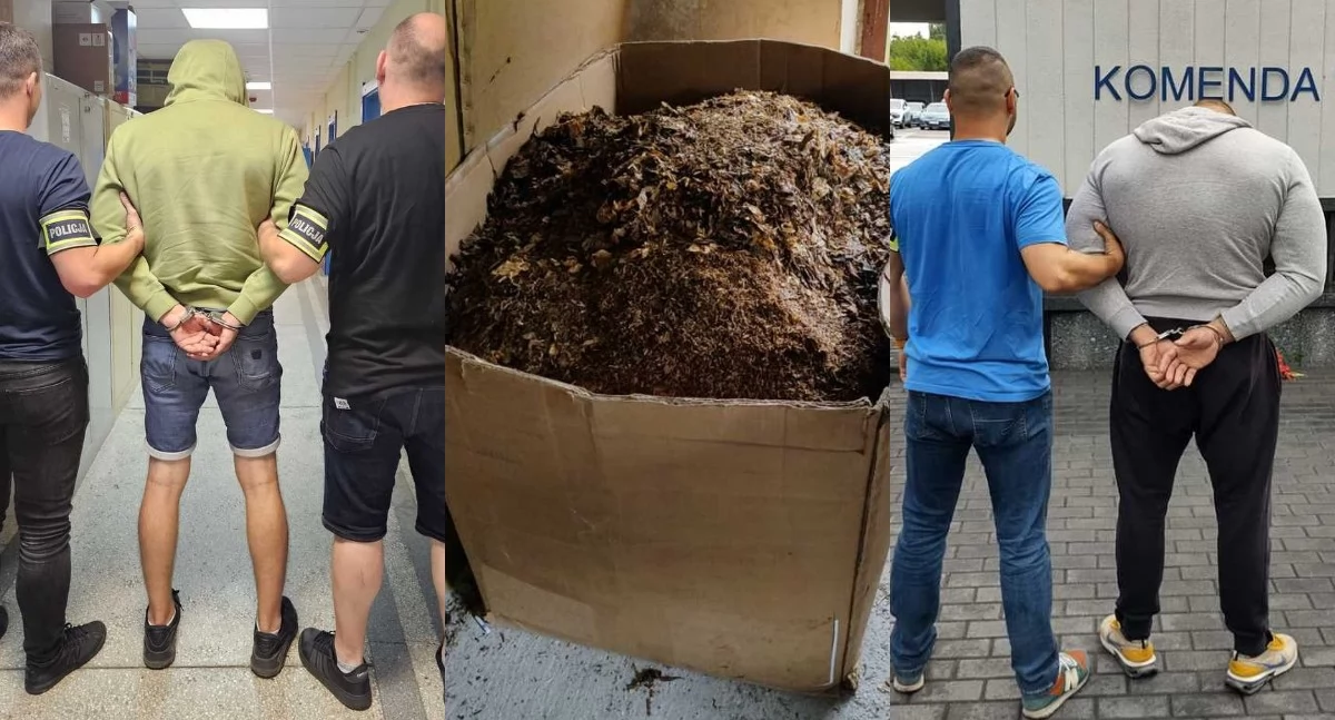 Na zdjęciu zatrzymani mężczyźni oraz znaleziony tytoń / Fot. KWP Łódź