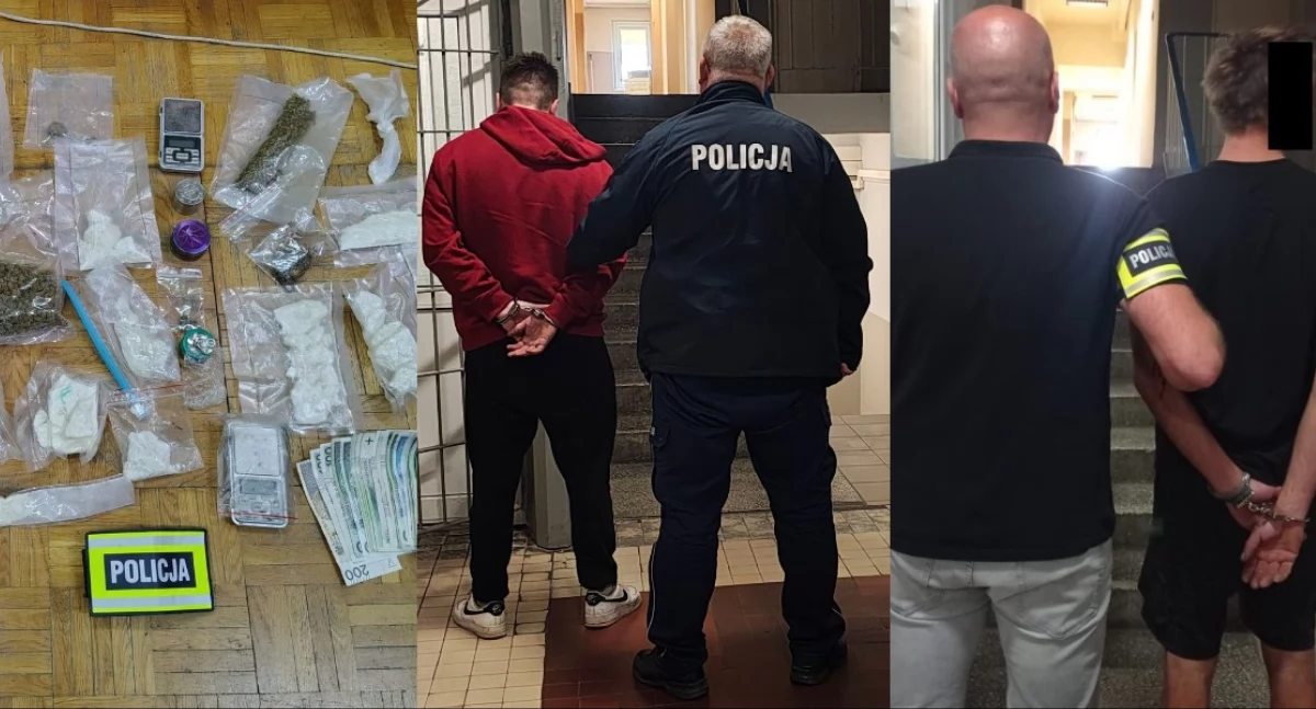 Na zdjęciu zatrzymani oraz narkotyki, które były ich własnością / Fot. KPP Wieluń 
