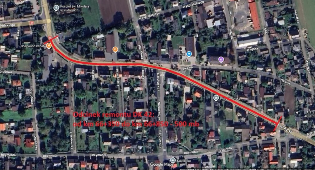 Zdjęcie przedstawiające odcinek DK42, na którym rozpoczyna się remont nawierzchni/fot.: Gmina Rudniki