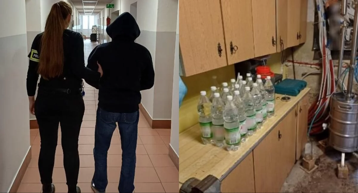 Na zdjęciu nielegalny alkohol oraz zatrzymany 51-latek / Fot. KPP Łęczyca 