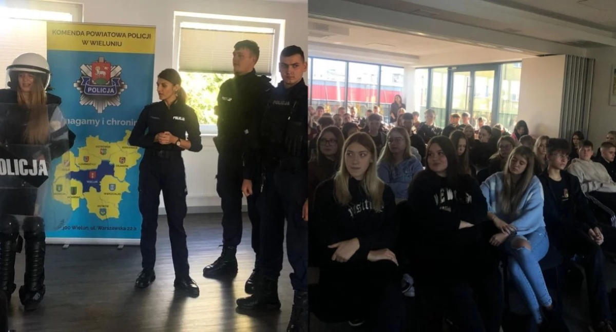 Na zdjęciu fragmenty spotkania w Zespole Szkół nr 1 w Wieluniu / Fot. KPP Wieluń