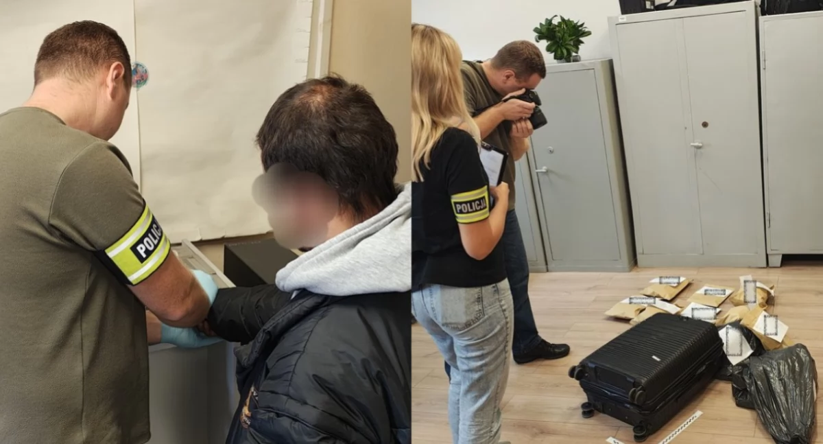 Na zdjęciu 41-letni złodziej oraz walizka, która padła jego łupem / Fot. KPP Sieradz 