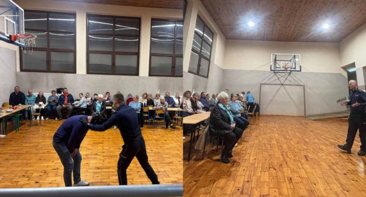 Na zdjęciu fragmenty spotkania z mieszkańcami w Tyblach / Fot. KPP Wieruszów