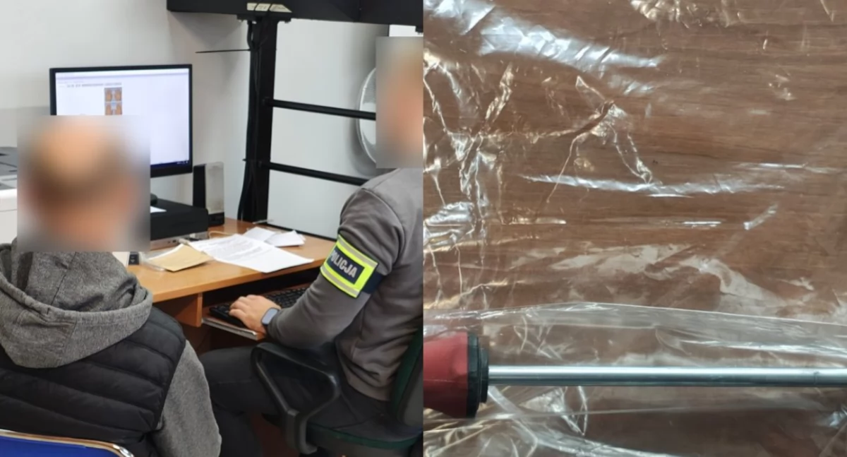 Na zdjęciu zatrzymany mężczyzna oraz śrubokręt, którym uszkodził dwa pojazdy / Fot. KPP Wieruszów