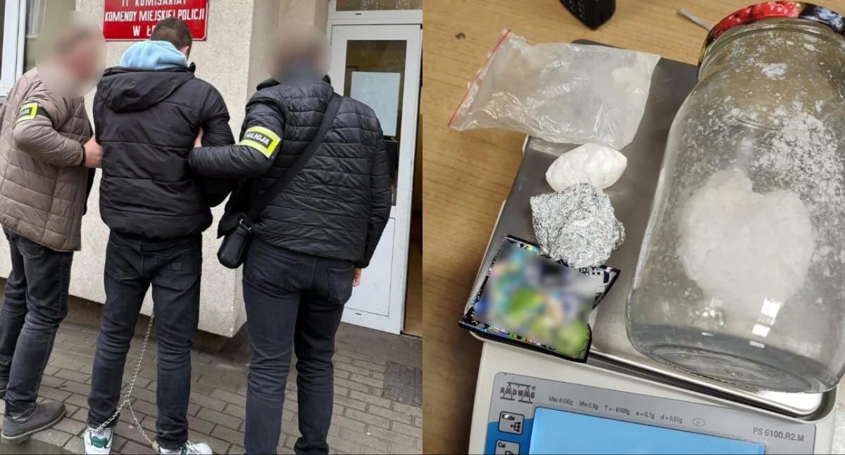 Na zdjęciu zatrzymany mężczyzna oraz znalezione w jego domu narkotyki / Fot. KMP Łódź