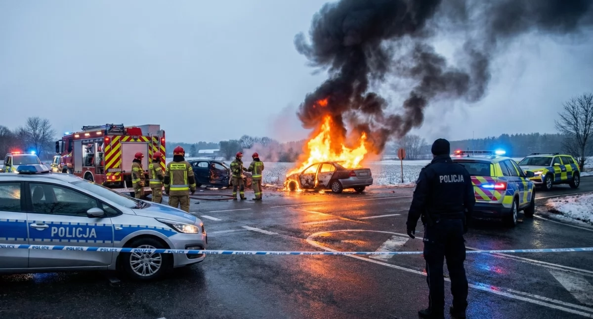 Koszmar pod Brzegiem. Widok na miejscu wypadku jest przerażający – auto w ogniu, droga całkowicie zablokowana. Służby walczyły do końca. (Zdjęcie poglądowe)