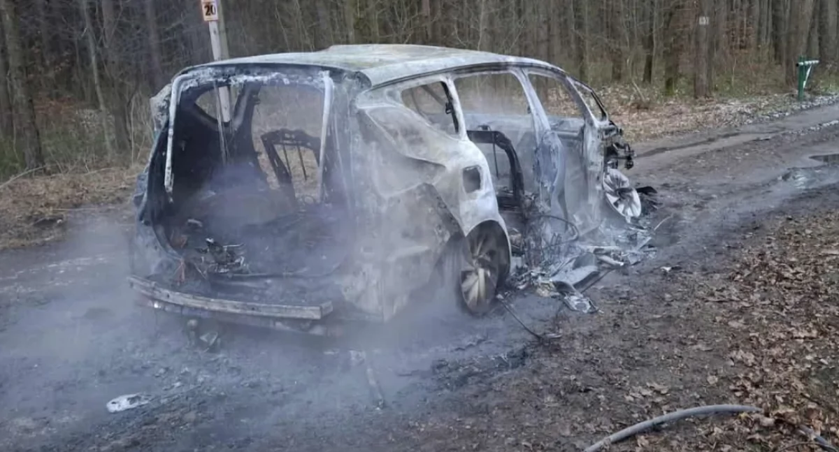 Na zdjęciu samochód osobowy, który uległ całkowitemu spaleniu/fot.: OSP KSRG Nagórzyce