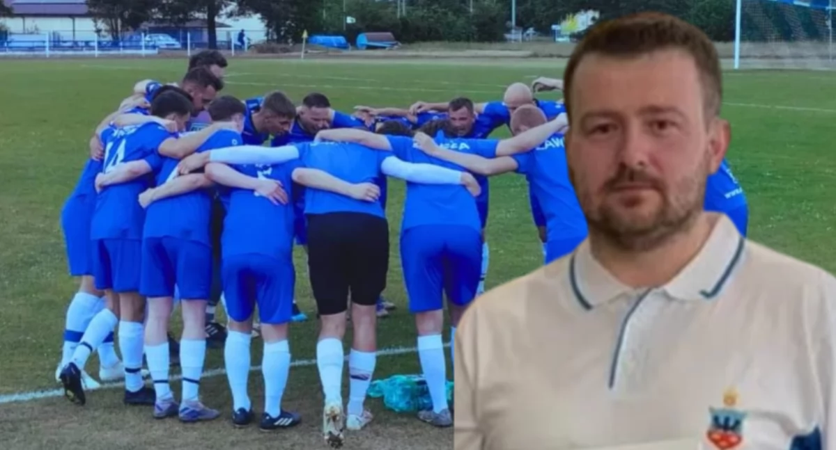 Na zdjęciu drużyna Zawiszy Pajęczno i odchodzący prezes - Michał Sojda/fot. Zawisza Pajęczno, Łukasz Płuciennik 