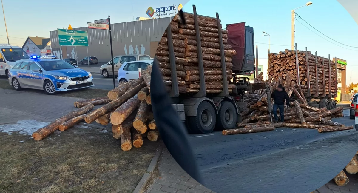 Zdjęcia z nietypowej kolizji - drewniane bale spadły z naczepy / fot.: Sławomir Rajch & Czytelniczka